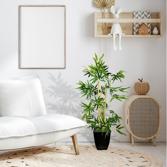 LCG FLORALS Artificial Tree, Bamboo Tree, 4 ft, Black Square Fluted Metal Pot