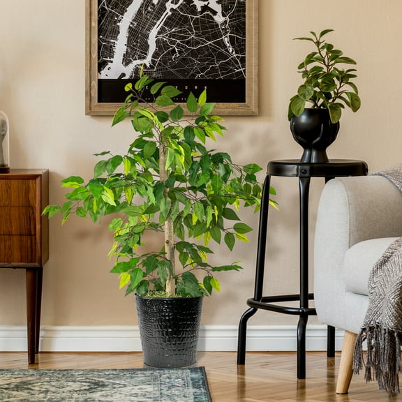 LCG Florals Artificial Tree, Ficus Tree, 4 ft, Black Metal Planter