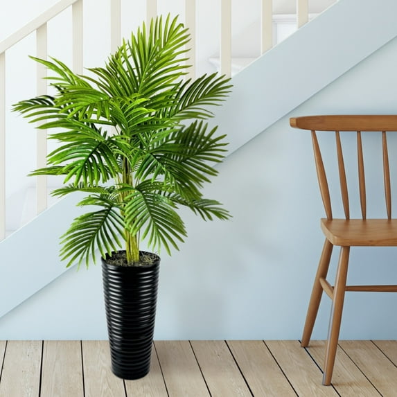 LCG Florals 4ft Artificial Palm Plant, Faux Palm Tree with Black Ribbed Planter, Tall Indoor Decorative Fake Plant for Home or Office