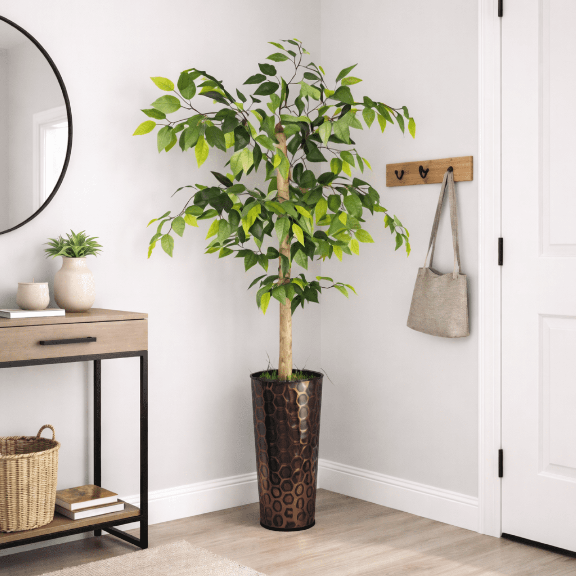 Artificial Tree, 5ft Artificial Ficus Tree in a Patterned Copper Pot by LCG Florals, Faux Designer Fake Indoor Tree for Living Room, Office, and Home Décor