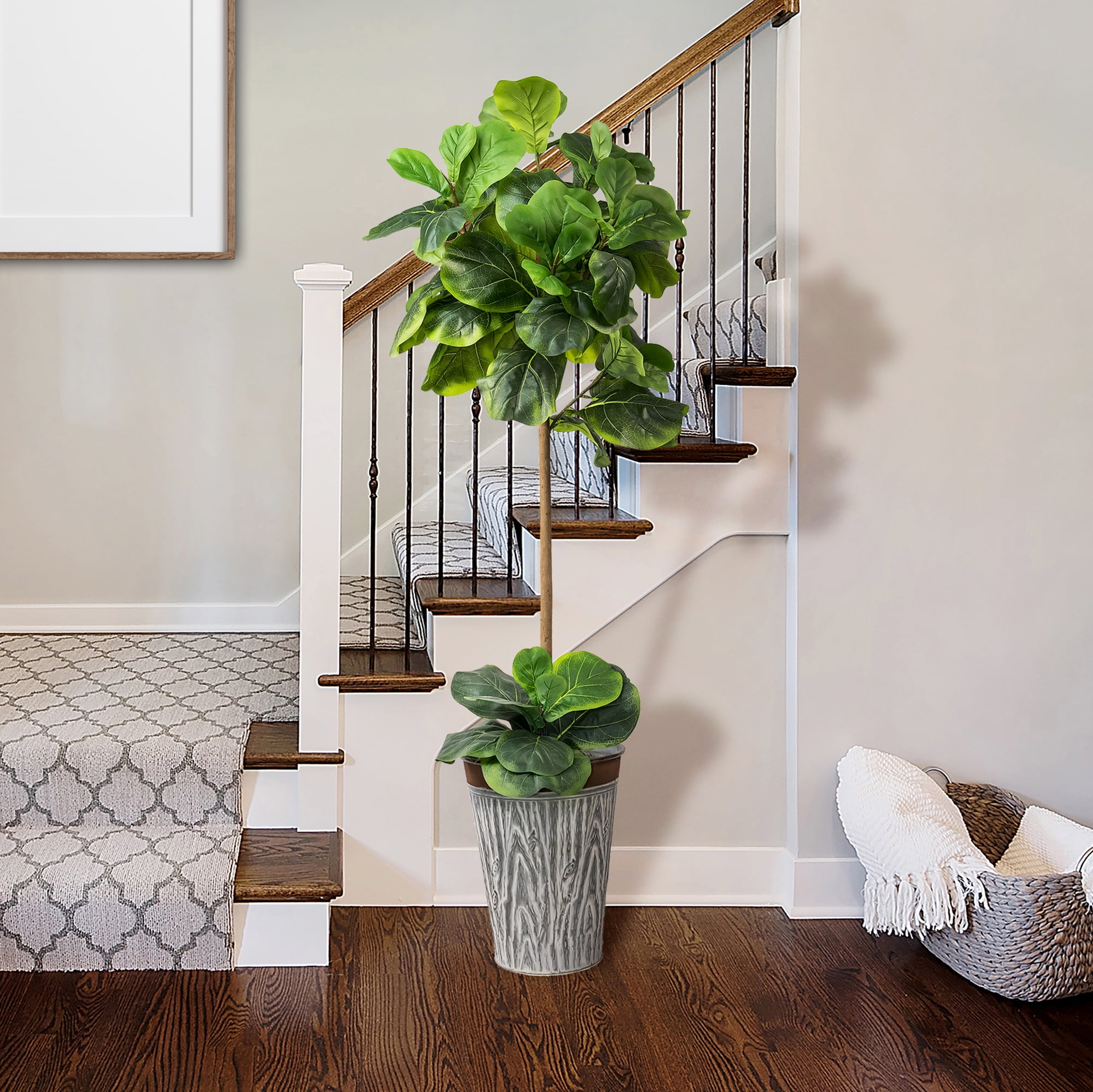 LCG Florals Artificial Tree, Fig Tree, 5 ft, Rustic Banded Metal Planter