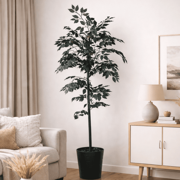 Artificial Tree, 6ft Artificial Designer Black Ficus Tree in a Black Embossed Metal Pot by LCG Florals, Faux Designer Fake Indoor Tree for Living Room, Office, and Home Dcor