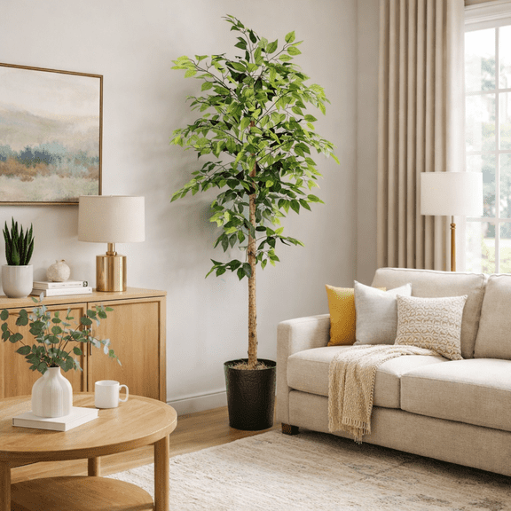 Artificial Tree, 6ft Artificial Designer Ficus Tree in a Black Embossed Metal Planter by LCG Florals, Faux Designer Fake Indoor Tree for Living Room, Office, and Home Dcor