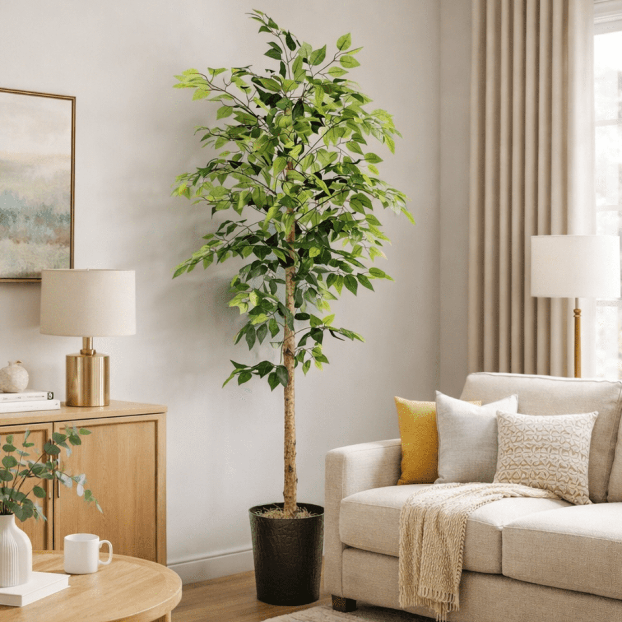 Artificial Tree, 6ft Artificial Designer Ficus Tree in a Black Embossed Metal Planter by LCG Florals, Faux Designer Fake Indoor Tree for Living Room, Office, and Home Décor