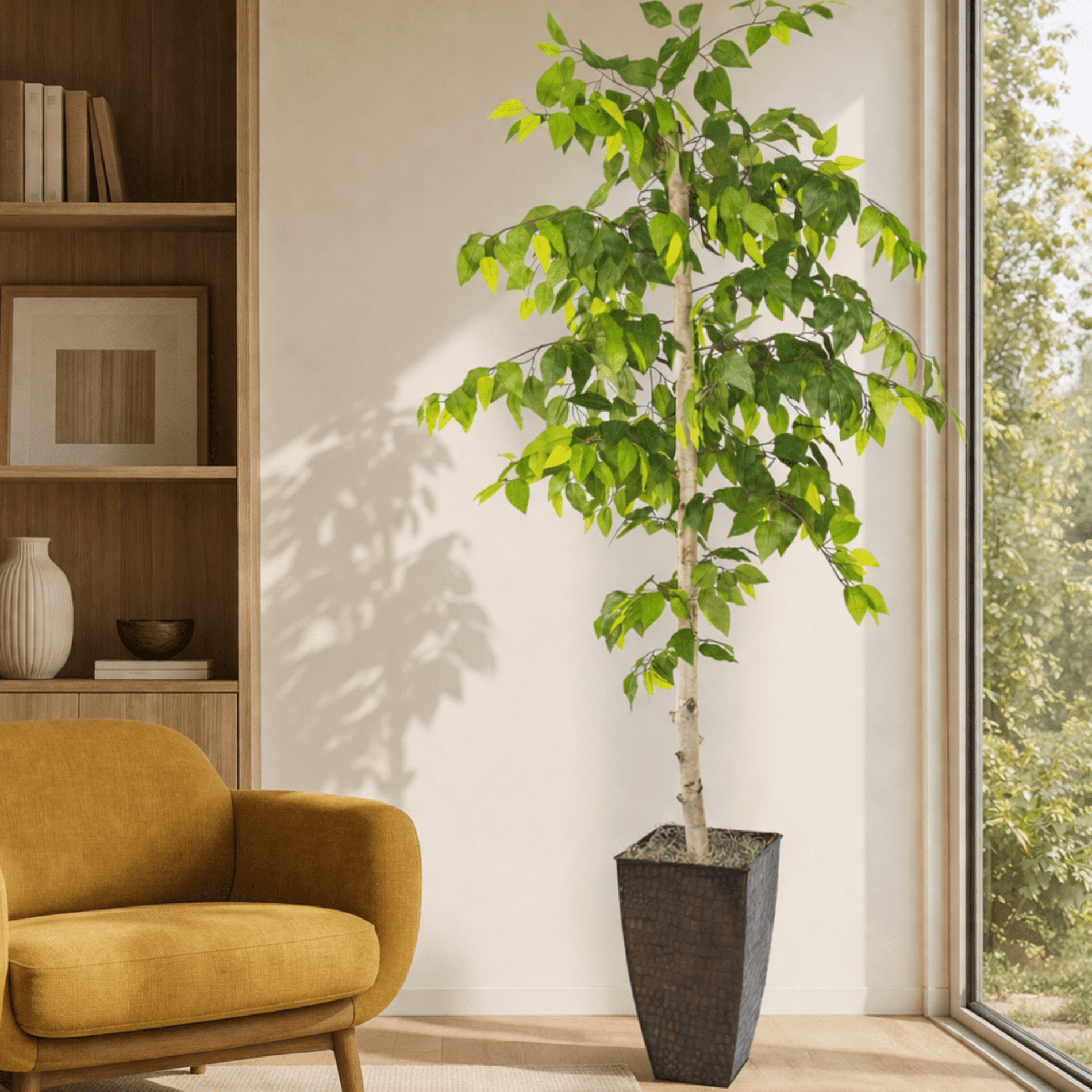 Artificial Tree, 6ft Artificial Designer Ficus Tree in a Copper Embossed Metal Pot by LCG Florals, Faux Designer Fake Indoor Tree for Living Room, Office, and Home Décor