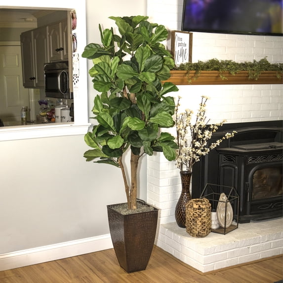 LCG Florals Artificial Tree, Fig Tree, 6 ft, Copper Metal Planter