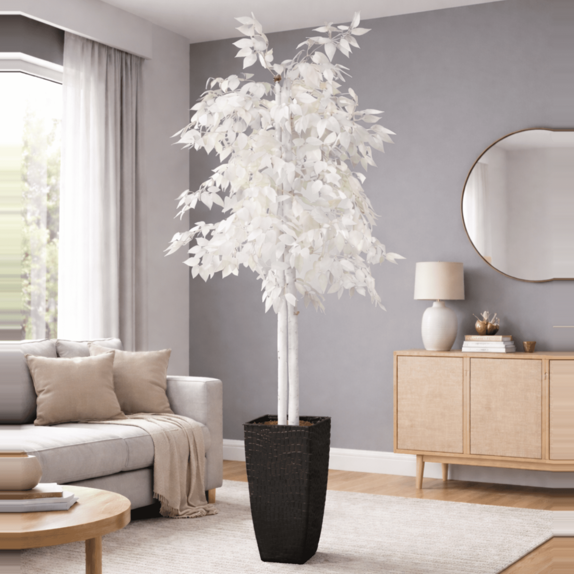 Artificial Tree, 6 ft Artificial Designer White Ficus Tree in Black Metal Pot by LCG Florals, Faux Designer Fake Indoor Tree for Living Room, Office, and Home Décor