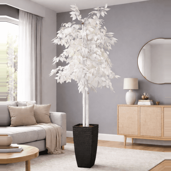Artificial Tree, 6 ft Artificial Designer White Ficus Tree in Black Metal Pot by LCG Florals, Faux Designer Fake Indoor Tree for Living Room, Office, and Home Dcor