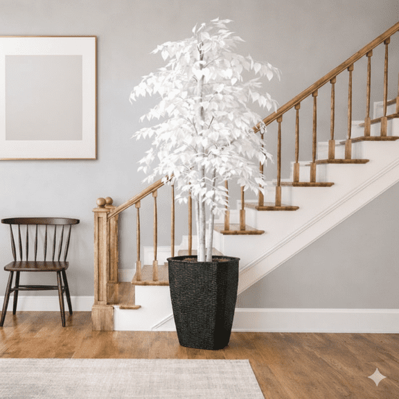 Artificial Tree, 6 ft Artificial Designer White Ficus Tree in Black Metal Pot by LCG Florals, Faux Designer Fake Indoor Tree for Living Room, Office, and Home Dcor