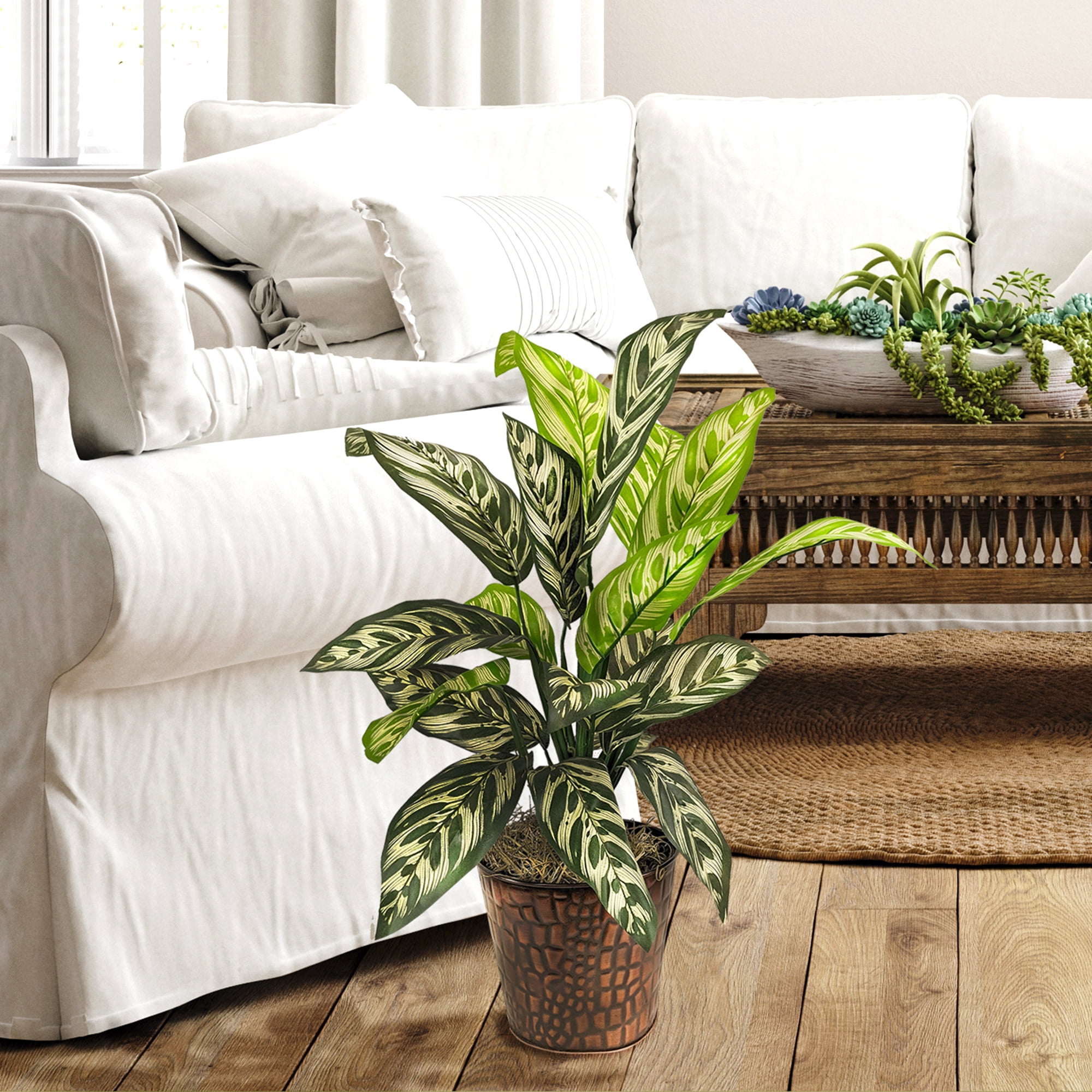 LCG Sales Artificial Plant, Variegated Green Leaf Potted Prayer Plant, 2 ft, Embossed Metal Pot