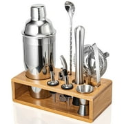 Semderm 10-Piece Cocktail Shaker Set, Stainless Steel Bartender Kit with Bamboo Stand, Mixology Tools with Muddler Jigger Pourers for Home Bar, Gift for Men & Women  Silver