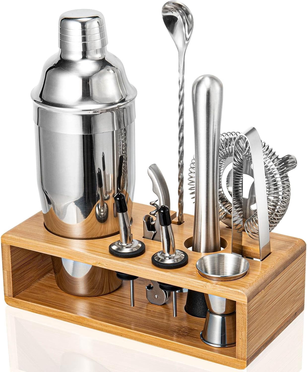 Semderm 10-Piece Cocktail Shaker Set, Stainless Steel Bartender Kit with Bamboo Stand, Mixology Tools with Muddler Jigger Pourers for Home Bar, Gift for Men & Women ( Silver )