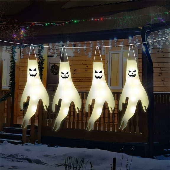 LCHUANG Halloween Decorations Ghost Windsocks with Remote Control LED String Lights, Outdoor Hanging Decorations