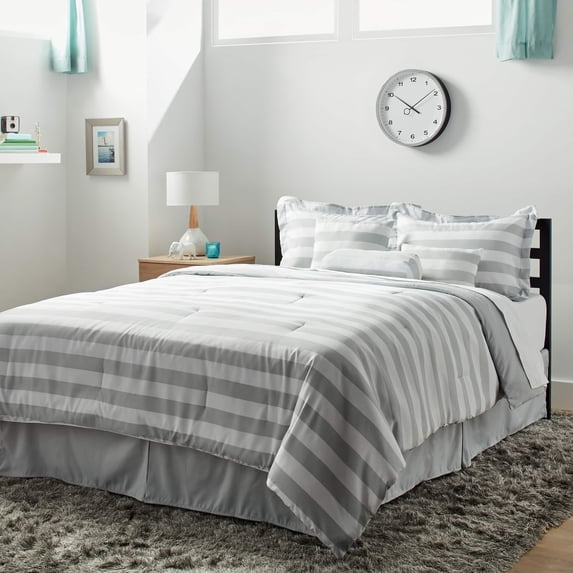 LCM Home Fashions 7-piece Horizontal Stripe Comforter Set White/Navy Queen