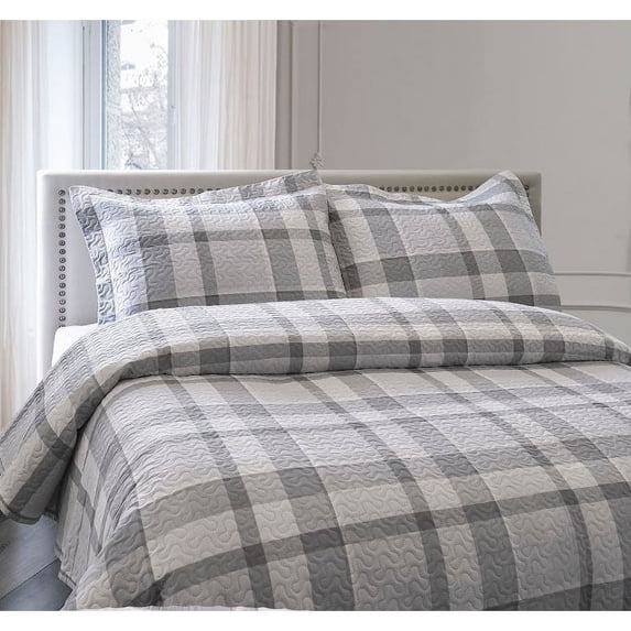 ArtLover Grey Plaid Quilt Set - Twin GREY King 3 Piece Casual