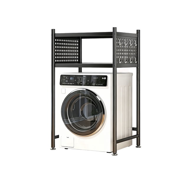 LCNDKF 2-Tier Over Washer Shelf with Pegboard Hooks Laundry Storage Rack, 27.56*15.75*51.97in, Black