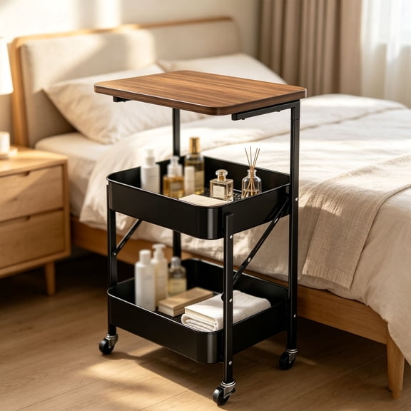 LCNDKF 3 Tier Foldable Rolling Storage Trolley with Removable Wooden Tabletop, Lockable Silent Wheels Multipurpose Mesh Utility Cart, Black