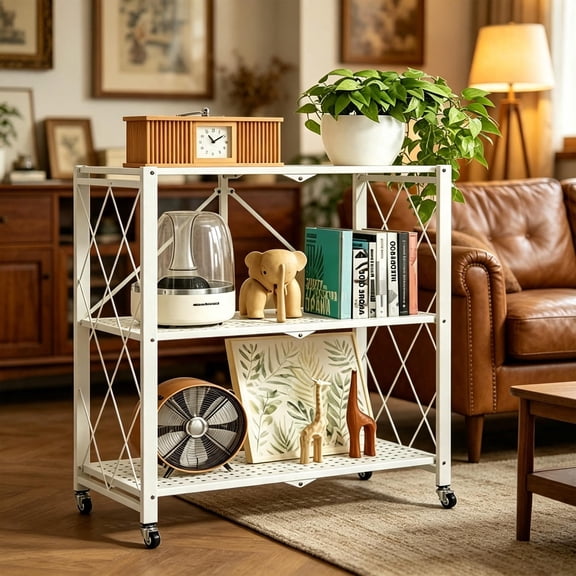 LCNDKF Foldable Heavy Duty Metal Storage Rack 3 Tier Rolling Organizer Shelf 28.14x15.55 Inch 1 Pack