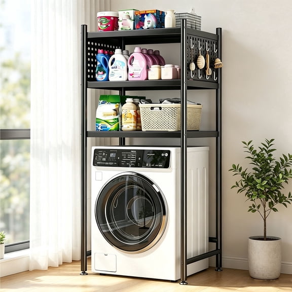 LCNDKF Laundry Room Organizer Storage Stand, Heavy Duty Thickened Steel Washing Machine Shelving Unit with Multi Hanging Hooks, Black