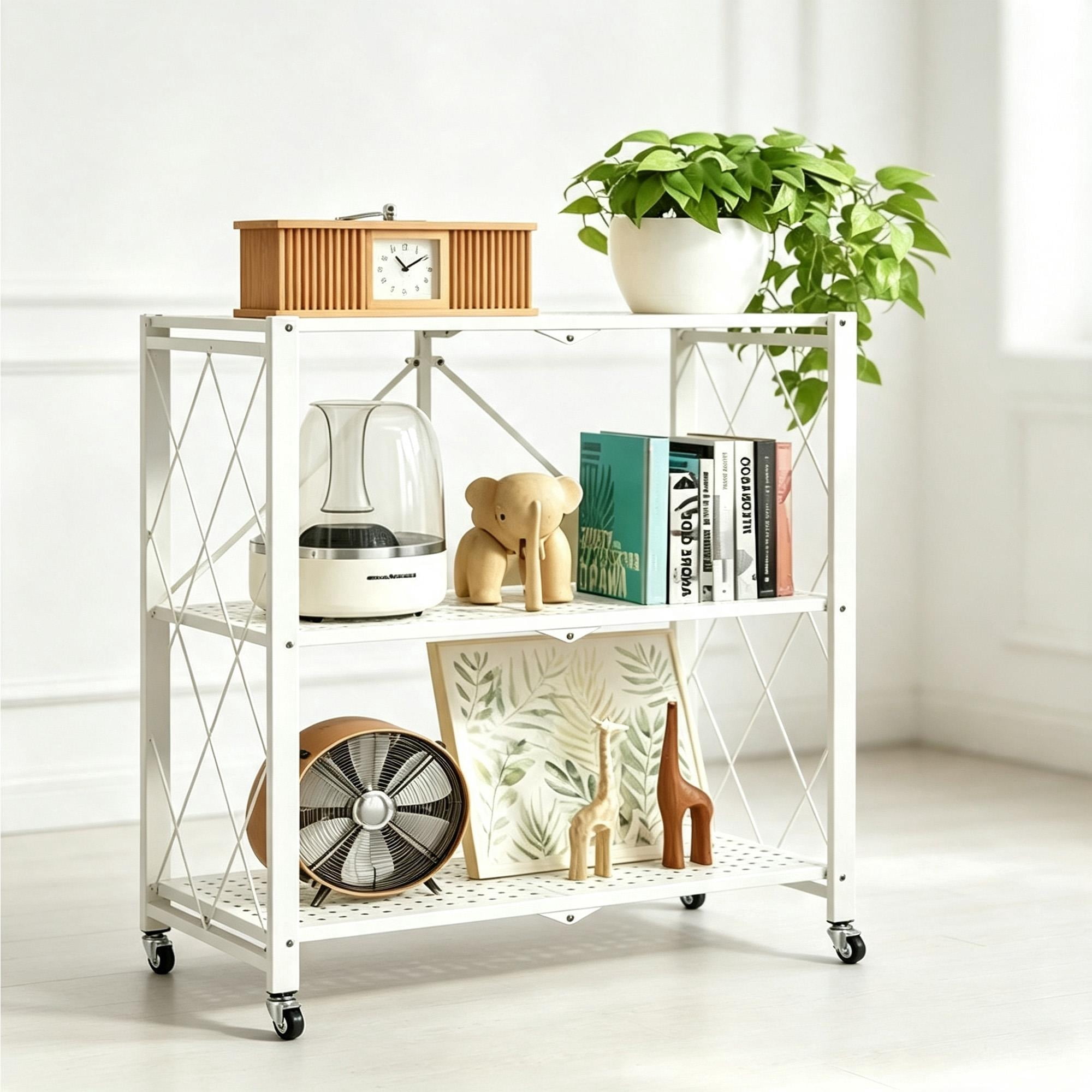 Lockable Wall Racks LCNDKF Mobile Foldable Utility Rack 3Tier Metal Rolling Storage Shelf ...