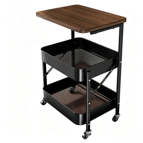 LCNDKF Mobile Side Table Rolling Cart, Foldable Layer l Mesh Storage Trolley with Wood Desktop, 17.72x11.61x29.13in, Black