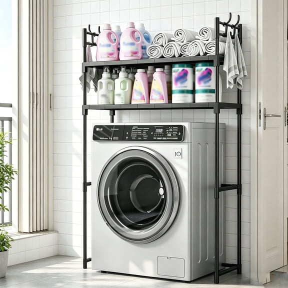 LCNDKF Non-Adjustable Fixed Over Washing Machine Organizer Rack, 2-Tier Household Laundry Storage Shelf with Side Hooks for Bathroom Balcony Use.