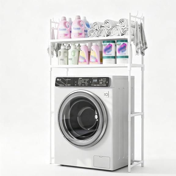 LCNDKF Over Washing Machine Storage Rack, Fixed 2-Tier Laundry Organizer Shelf with Side Hanging Hooks, 30.31*11.81*52.16in, White