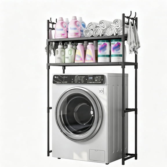 LCNDKF Over Washing Machine Storage Rack, Fixed Non-Adjustable 2-Tier Laundry Organizer Shelf with Side Hanging Hooks, 30.3111.8152.16in, Black