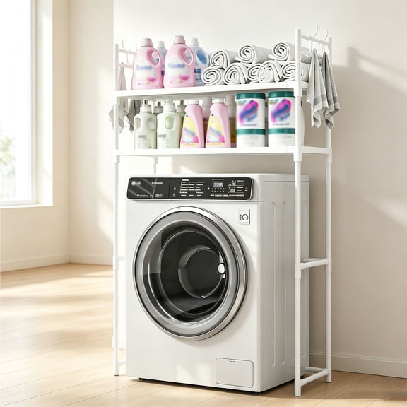 LCNDKF Over Washing Machine Storage Rack, Fixed Non-Adjustable 2-Tier Laundry Organizer Shelf with Side Hanging Hooks.