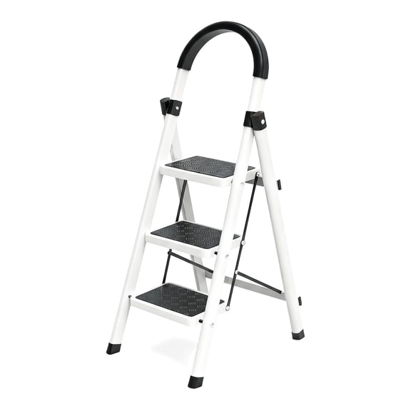 LCOKEIY 3-Step Ladder, Portable Telescoping Folding Step Stool with Non-Slip Pedals for Kitchen, Living Room, Workplace, 600 Capacity, White