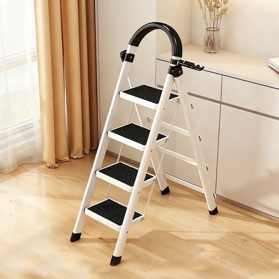 LCOKEIY 4-Step Ladder, Portable Folding Step Stool with Non-Slip Pedals for Kitchen, Living Room, Workplace, 600 Capacity, White