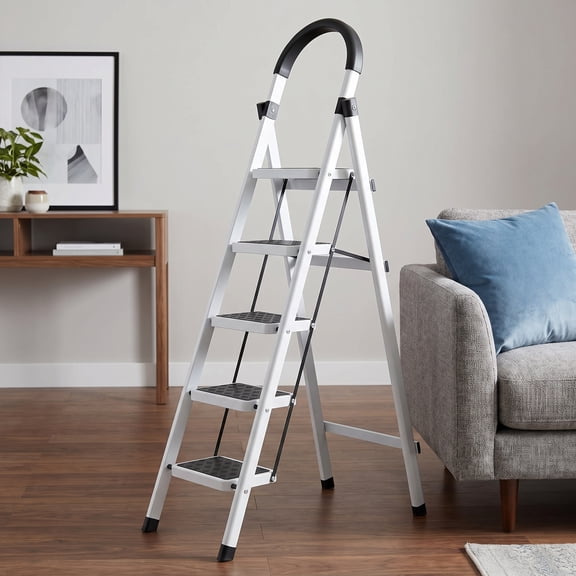 LCOKEIY 5-Step Ladder, Portable Telescoping Folding Step Stool with Non-Slip Pedals for Kitchen, Living Room, Workplace, 600 Capacity, White