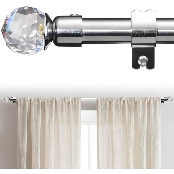 LCOKEIY Curtain Rod for Windows 28-62", 0.6in Single Curtain Rods for Bedroom, Door, Windows, Decorative Drapery Rod with Acrylic Diamond Finial, Silver