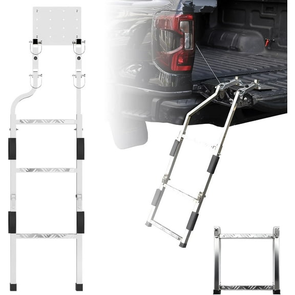 LCOKEIY Foldable Truck Tailgate Ladder with Anti-slip Step Grip Plates,  Adjustable Height,  Durable Stainless Steel Tailgate Rack for Pickup, Silver
