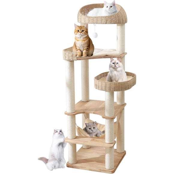 LCOKEIY  Natural Wood Wooden Cat Tree Tower, for Cats up to 20 lbs