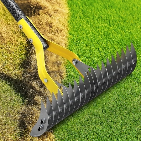 LCOKEIY Double-Side Garden Thatch Rake 19-Tine for Leaves Loosening Leveling Soil, 56" Heavy Duty Metal Leaf Rake for Lawn Outdoor Yard
