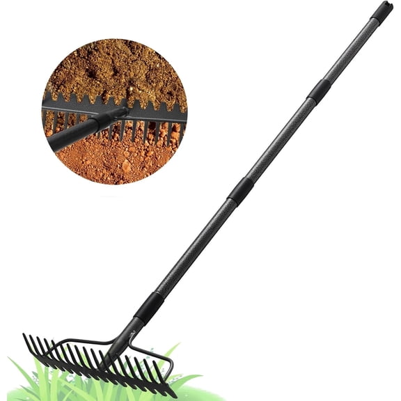 LCOKEIY 77" Adjustable Garden Rake for Leaves with 17 Tines, Heavy Duty Metal Thatch Rake for Lawn Yard Loosening soil
