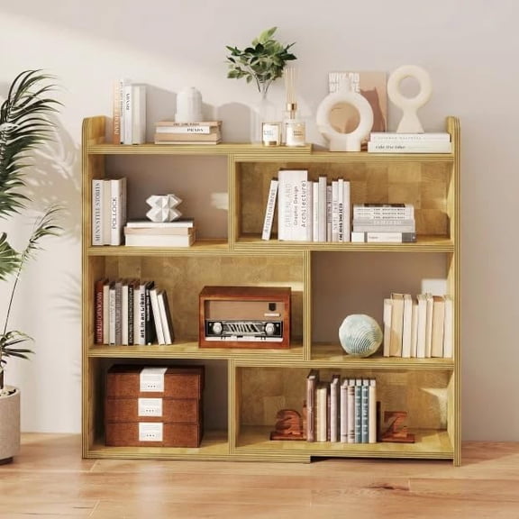 LCZY 3-Tier Ladder Open Storage Bookcase, End-Grain Natural Wood Expandable Bookshelf, Light Oak Finish Open Storage Organizer for Home Office, Living Room and Bedroom
