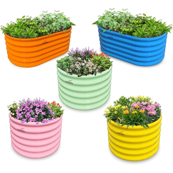 LCZY 5-Pack 18in Tall Kids Mini Raised Garden Beds Outdoor, 40x24in Oval & 24x24in Round Galvanized Metal Planter Box for Planting Vegetables, Flowers, Fruits, Eco-Safe & Easy Setup
