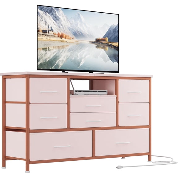 LCZY 8 Drawer Fabric Dresser TV Stand, Dresser for Bedroom with Power Outlets & LED Lighting for 55'' TVs, Wide Storage Console Table for Bedroom, Living Room,Hallway, Pink