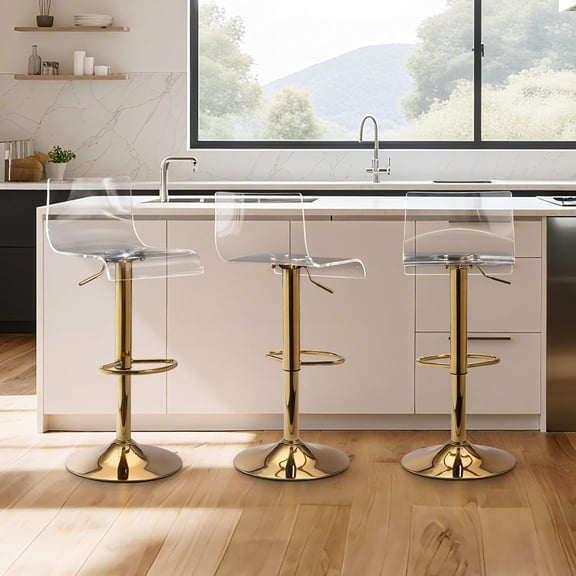 LCZY Clear Bar Stools Set of 3, Acrylic Bar Stools Swivel, Transparent Bar Stool, Gold Bar Stool Adjustable Height, Modern Bar Chairs for Kitchen, Dining Room, Gold