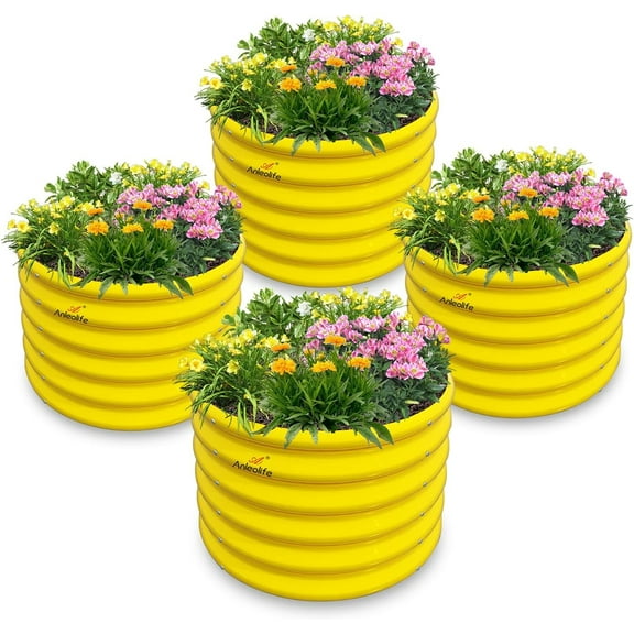 LCZY Kids Mini Raised Garden Beds Outdoor (4-Pack)-24x24x18in Round Galvanized Metal Planter Box for Planting Vegetables, Flowers, Fruits, Eco-Safe & Easy Setup, Sunlit Gold