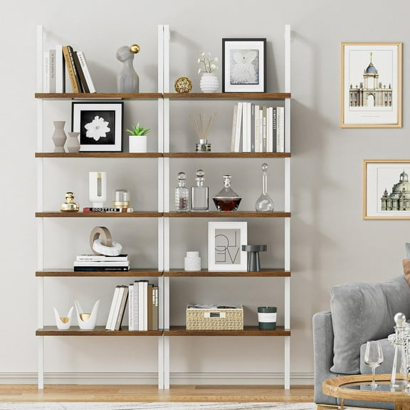 LCZY Ladder Shelf, 5-Tier Bookshelf with Metal Frame, Open Display Organizer Rack, Wood Wall Mounted, Storage Shelves for Living Room, Hallway, Office, White(2 Pieces)
