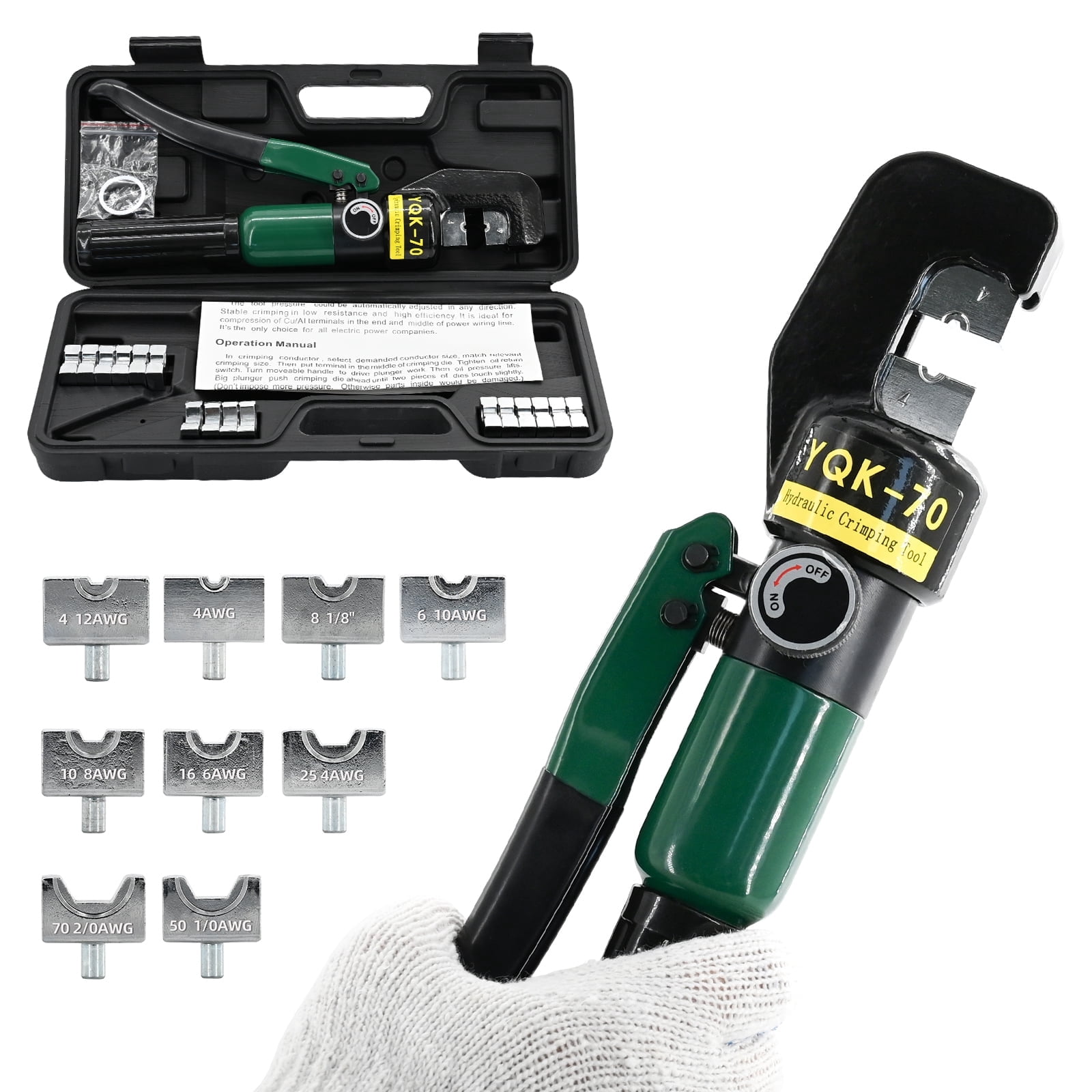 LCyindu 10T Hydraulic Crimping Tool 12 AWG to 2/0 AWG Battery Cable Crimper Tool Hydraulic Lug Crimper Electrical Terminal Wire Crimper with 9 Pairs of Dies Kit, Green