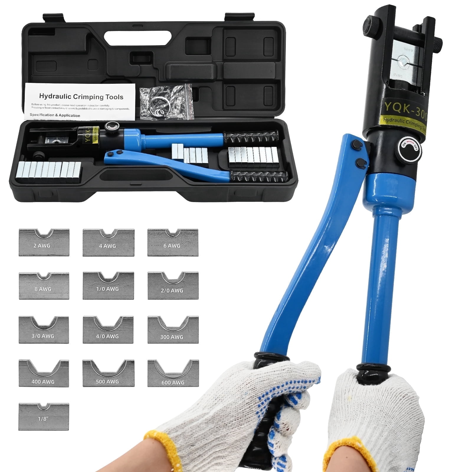 LCyindu 16T Hydraulic Battery Cable Crimper 8 AWG to 600 MCM Hydraulic Crimping Tool Cable Lug Crimper Electrical Terminal Wire Crimper with 13 Pairs of Dies Kit, Blue