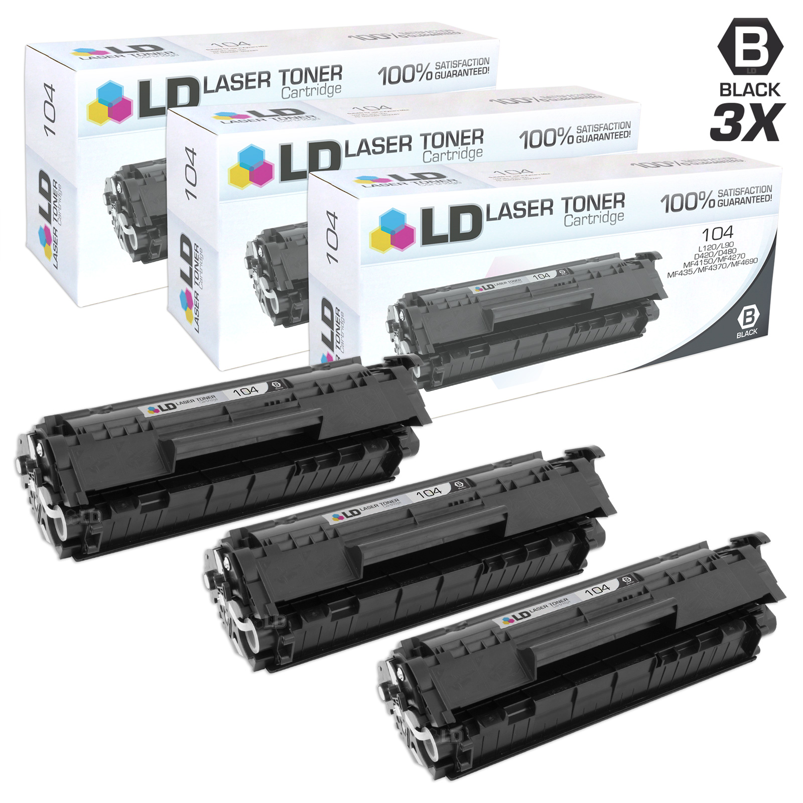 LD © 3pk Compatible Canon 0263B001AA 104 Black Laser Toner Cartridge for FaxPhone L120 L90 L140 ImageClass D420 D480 MF4150 MF4270 MF4350d MF4370dn MF4690 - image 1 of 2
