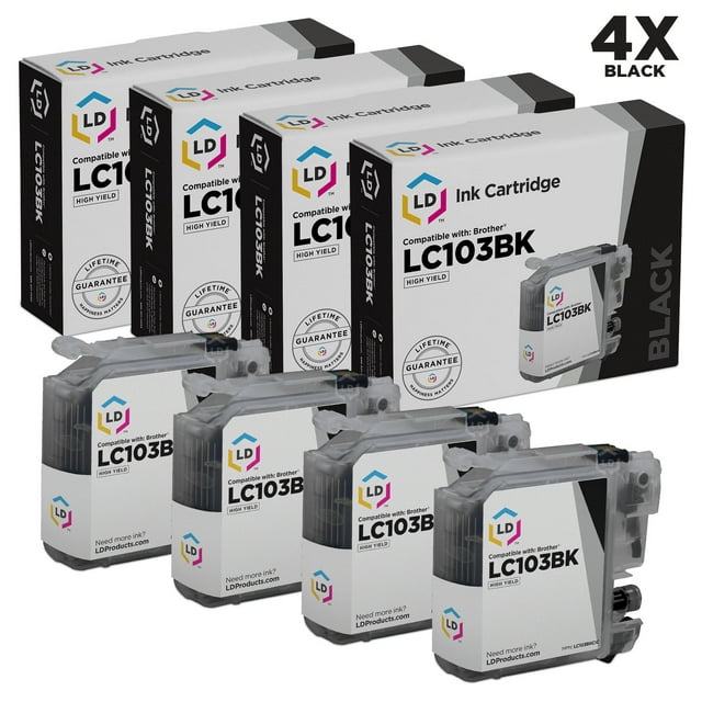 LD Compatible LC103 HY Black 4-Pack for DCP-J152W, MFC-J245, MFC-J285DW, MFC-J450DW, MFC-J470DW, MFC-J475DW, MFC-J650DW, MFC-J6520DW, MFC-J6720DW, MFC-J6920DW, MFC-J870DW, MFC-J875DW