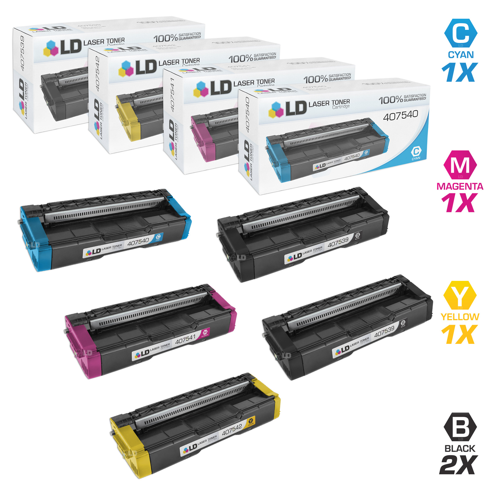LD Compatible Replacement for Ricoh SP C250A Toner Cartridges: 2 407539 Black, 1 407540 Cyan, 1 407541 Magenta, 1 407542 Yellow for use in SP C250DN, SP C250SF, SP C261DNw, SP C261SFNw - image 1 of 7