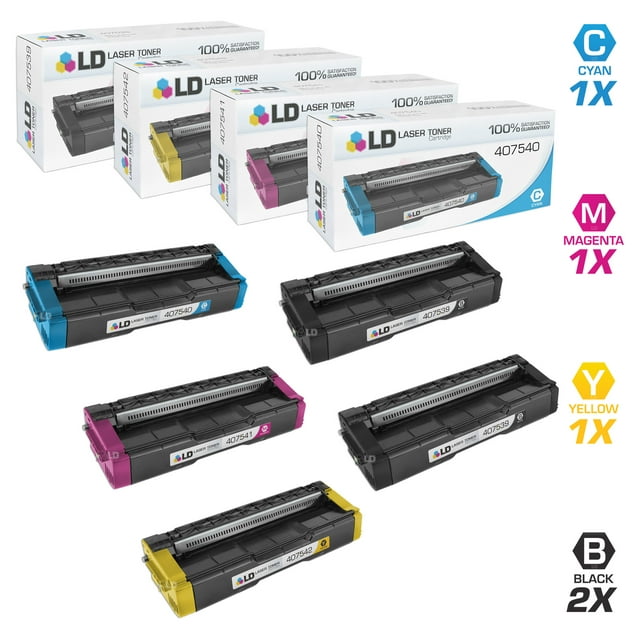 LD Compatible Replacement for Ricoh SP C250A Toner Cartridges: 2 407539 Black, 1 407540 Cyan, 1 407541 Magenta, 1 407542 Yellow for use in SP C250DN, SP C250SF, SP C261DNw, SP C261SFNw