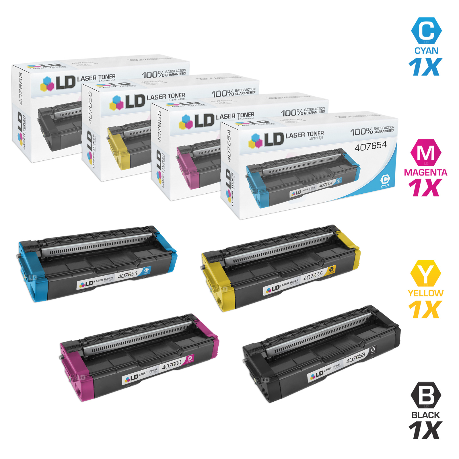 LD Compatible Replacement for Ricoh SP C252HA Toner Cartridge Set: 407653 Black, 407654 Cyan, 407655 Magenta, 407656 Yellow for SPC252DN, SPC252SF, C252DN, C252SF, C262DNw, C262SFNw - image 1 of 7